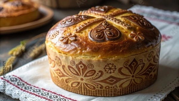 Fototapeta Close up of freshly baked paska, a traditional Orthodox Easter bread decorated with intricate patterns and designs