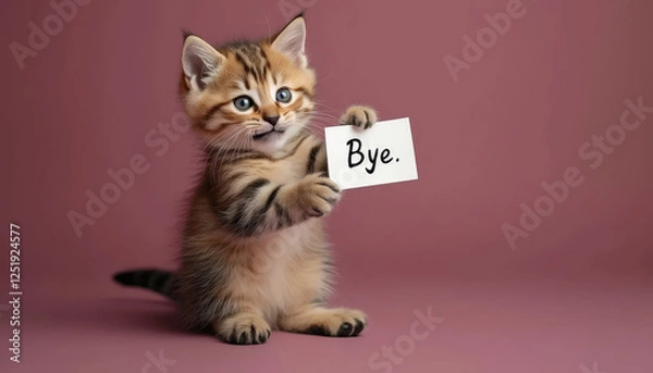 Fototapeta " Bye " text on card. Lovely tabby making message stand out. Adorable cat vibrant expression. Pink background.