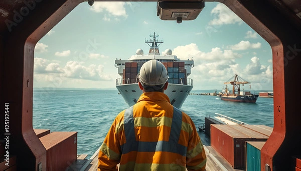 Obraz Seefracht-Logistik, Hafenarbeiter beobachtet ein ankommendes Containerschiff