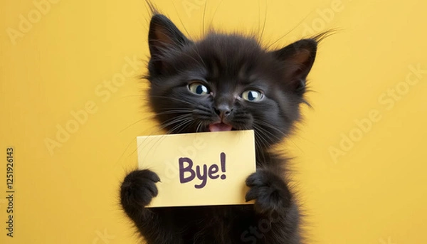 Fototapeta " Bye " text on card. Lovely black kitten making message stand out. Cute animal, vibrant expression. Yellow minimalistic background.