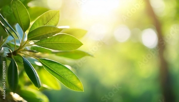 Fototapeta Soft focus background with Green Rhododendron tree leaves in the sun, fresh foliage, spring nature background