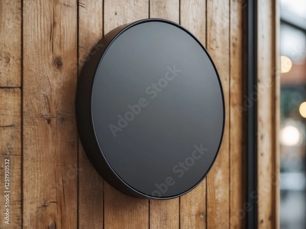 Fototapeta Close up circle black blank empty mockup of street store template signboard on empty wood wall