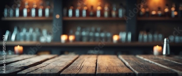 Fototapeta Rustic wooden table in a cozy bar setting with dark decor and bar offerings in the background