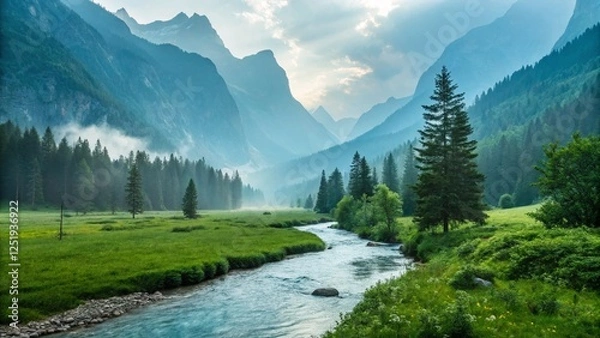 Fototapeta Majestic mountain landscape, winding river, lush green meadow, towering pine trees, misty atmosphere, sunbeams breaking through clouds, serene valley, dramatic peaks, pristine wilderness,
