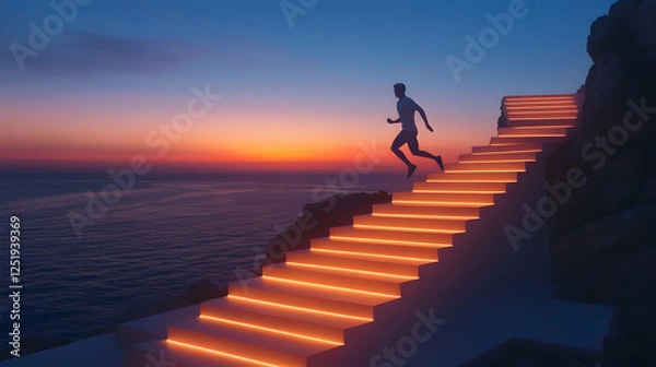 Obraz A man running up a glowing staircase after sunset