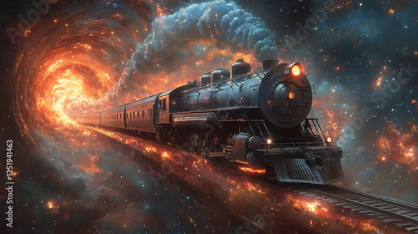 Fototapeta Steam locomotive traveling through cosmic space tunnel with glowing nebula clouds. Surreal transportation concept merging vintage and futuristic elements