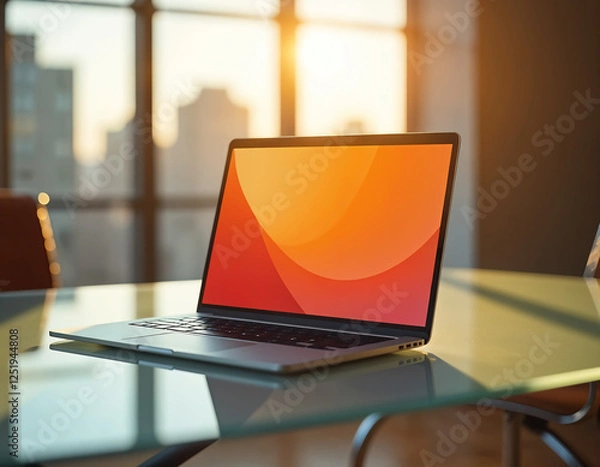 Obraz Mockup, Modernes Arbeiten, Laptop auf Glas-Schreibtisch im Sonnenuntergang