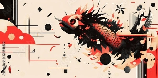 Fototapeta Abstract composition features a stylized fish surrounded by shapes