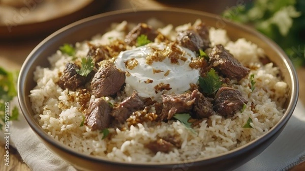 Obraz Delicious middle eastern lamb and yogurt rice dish garnished with cilantro