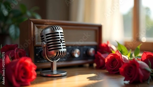 Obraz Vintage Microphone and Roses with Retro Radio