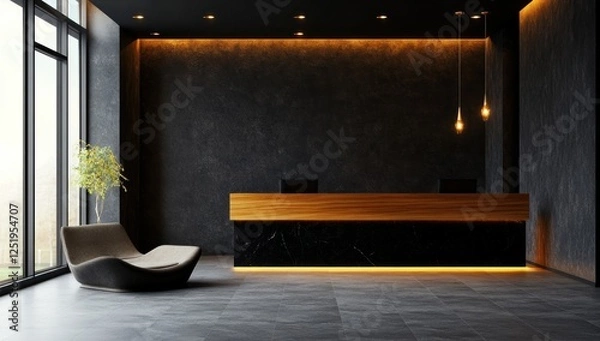 Obraz Modern Hotel Reception Area Design: Elegant Dark Interior with Wooden and Marble Reception Desk
