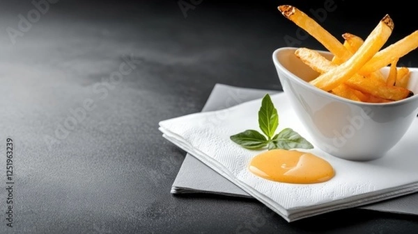 Fototapeta French fries in bowl with dipping sauce on napkins