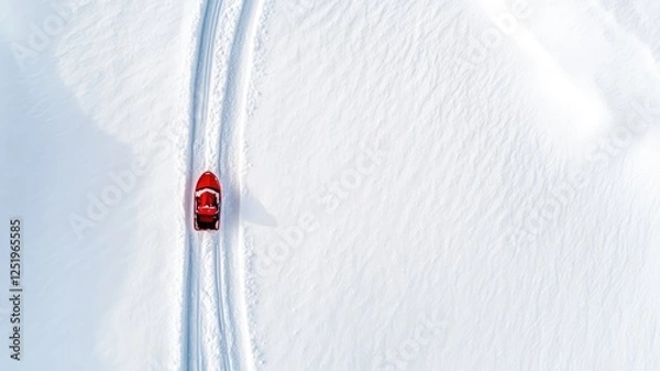 Fototapeta Aerial view of red snowmobile on white snow field
