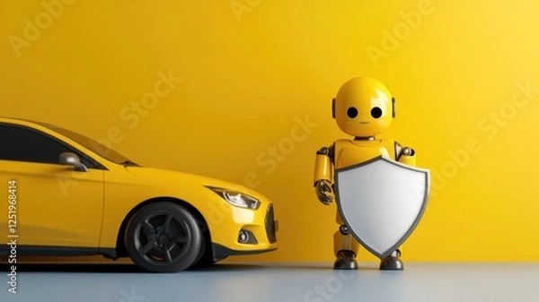 Fototapeta Yellow robot with shield beside yellow car, background