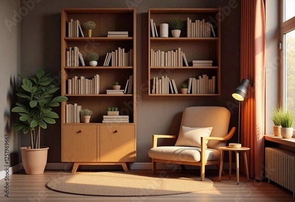 Fototapeta Cozy reading nook with bookshelves and comfortable chair in warm afternoon light