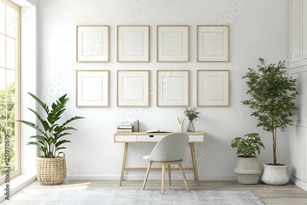 Fototapeta Modern Minimalist Home Workspace With Gallery Wall And Plants Images for