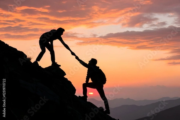 Obraz Silhouette Of Hikers Assisting On Mountain At Sunset And Helping Each Other Up