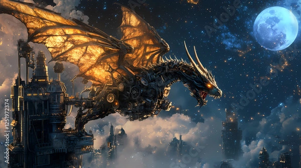 Fototapeta Fierce steampunk dragon guarding clockwork realm against futuristic night sky. Clockwork Realms. Illustration