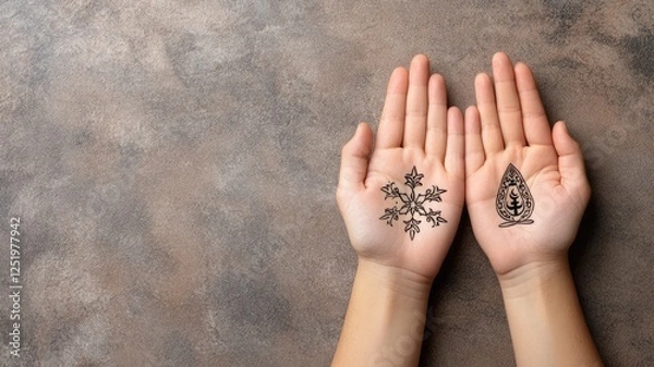 Obraz Female hands with henna designs, snowflake, leaf motif