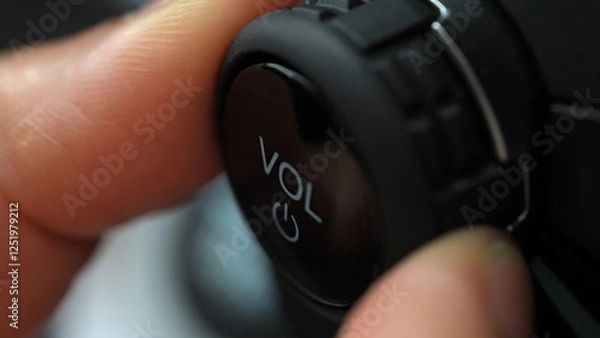 Fototapeta Macro close-up of woman's fingers turning the volume of the car radio. Turning down or up the vehicle audio system volume.