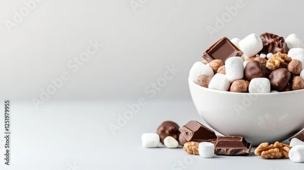 Obraz Bowl of mixed candies, nuts, and marshmallows on white background