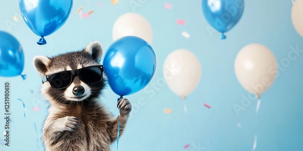 Obraz Funny cute raccoon wearing sunglasses holding happy birthday balloons and confetti explosion flying around greeting card on blue background with copy space.
