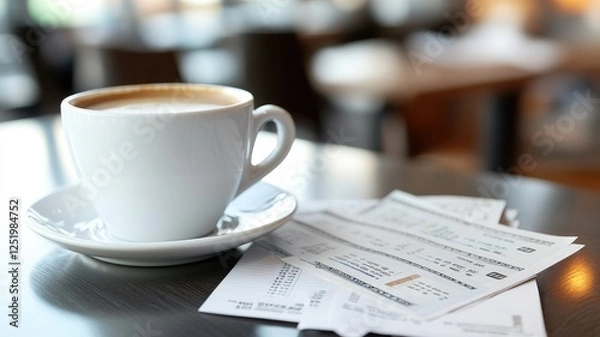 Obraz White cup of coffee on table with receipts, indoor cafe setting