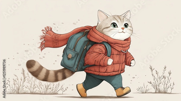 Fototapeta 風の中を歩く旅猫 – 温かい服装で冒険へ