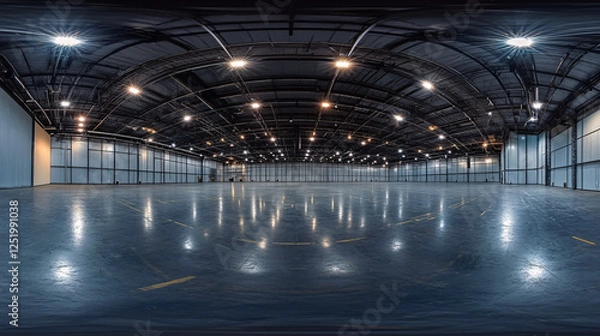 Obraz A full seamless spherical HDRI panorama capturing a 360-degree view of a large empty room, resembling a warehouse, hangar, or gallery with spotlights in equirectangular projection, generated by AI.