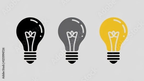 Fototapeta Three stylized lightbulbs in black, gray, and yellow, symbolizing innovation and creativity. Ideal for modern design themes.
