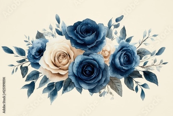 Obraz A floral arrangement featuring blue and cream roses with green leaves.