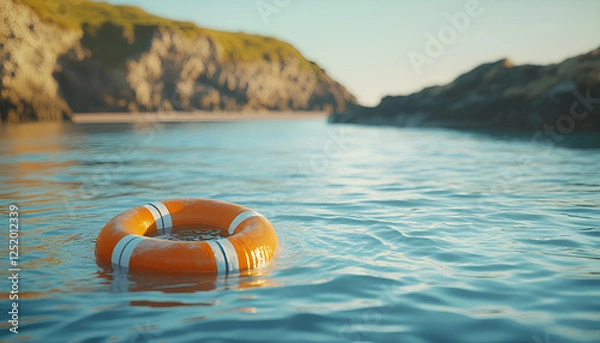 Fototapeta Bright orange lifebuoy floating on clear blue sea water in a serene beach setting