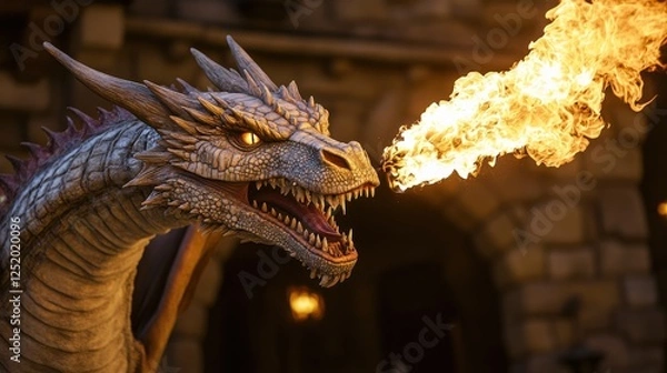 Fototapeta A majestic dragon breathes fire, its scales shimmering in the dim light. A mythical creature of legend brought to life.