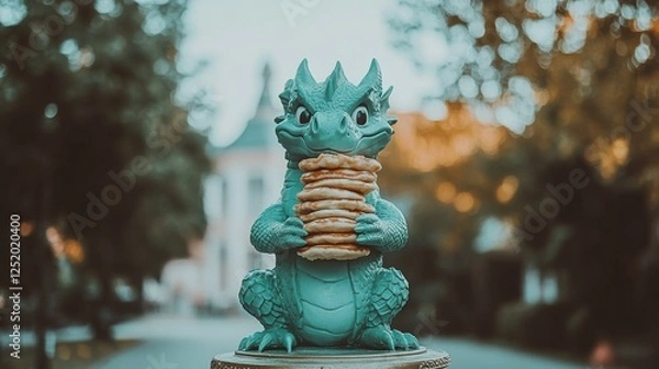Fototapeta A teal dragon statue happily clutches a stack of pancakes in its paws, set against a softly blurred park background.