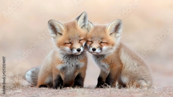 Fototapeta Two red fox kits cuddle in field; wildlife postcard