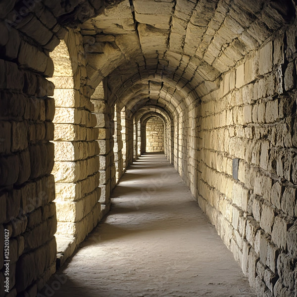 Obraz A hewn stone corridor. The corridoor is twenty feet wide, but the ceiling lowers periodically to three feet to favor shorter creatures