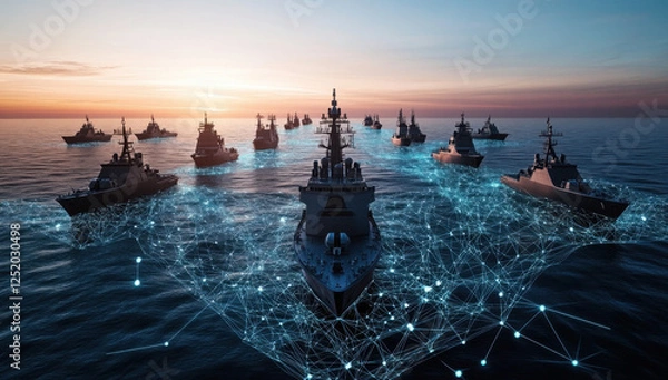 Fototapeta A high-tech naval concept showing a digital network overlay on the ocean with warships silhouetted against the horizon. 
