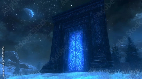 Fototapeta Night scene, glowing portal, snowy landscape. Fantasy game use