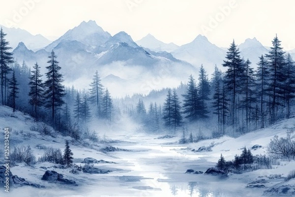 Fototapeta Serene winter landscape with mountains, trees, and a tranquil river.