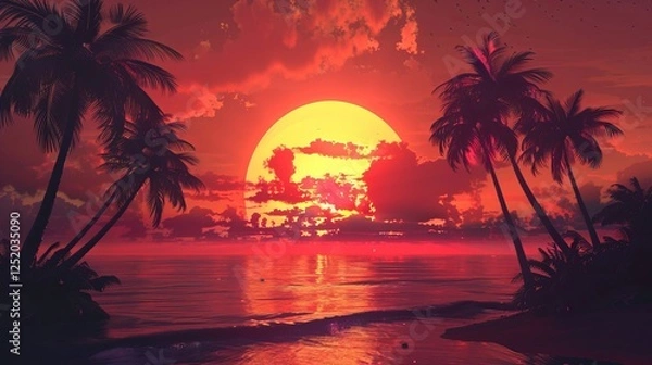 Fototapeta A breathtaking sunset over an ocean with silhouettes of palm trees.