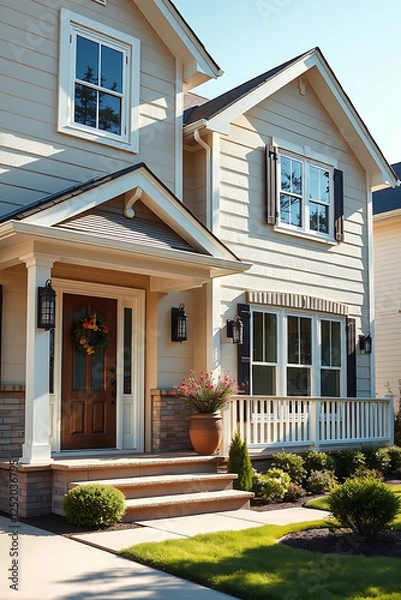 Fototapeta Dream House Exterior: Elegant Home Design, Landscaping, and Architecture. Find your perfect home with this stunning image of a beautiful house exterior.