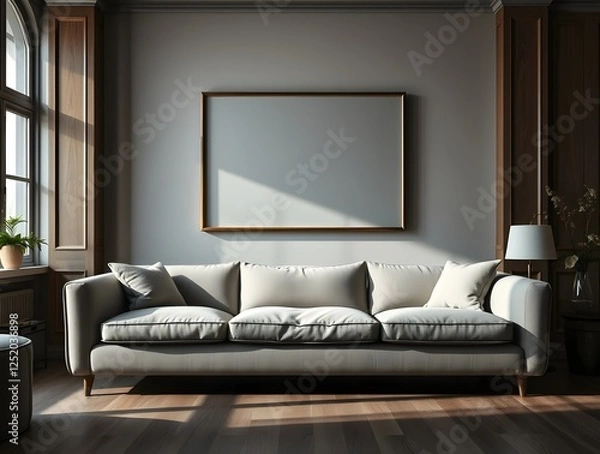 Fototapeta Contemporary sitting room with an empty frame on the wall