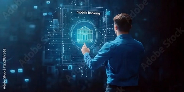 Fototapeta Futuristic concept of mobile banking with a user interacting with a digital interface and holographic display in a modern technological environment
