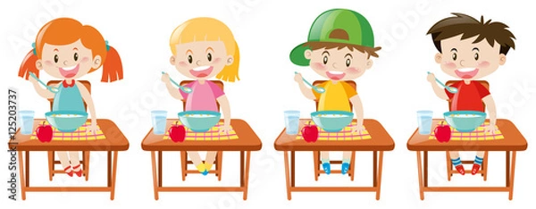 Fototapeta Four little kids having breakfast