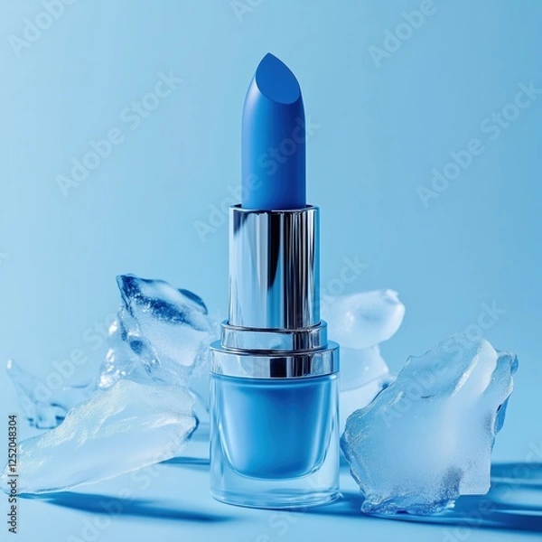 Fototapeta Bold blue lipstick surrounded by ice for a striking visual appeal in a minimalist setting