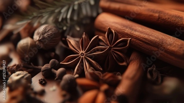 Fototapeta Aromatic spices arranged beautifully on a wooden surface capturing warmth and texture