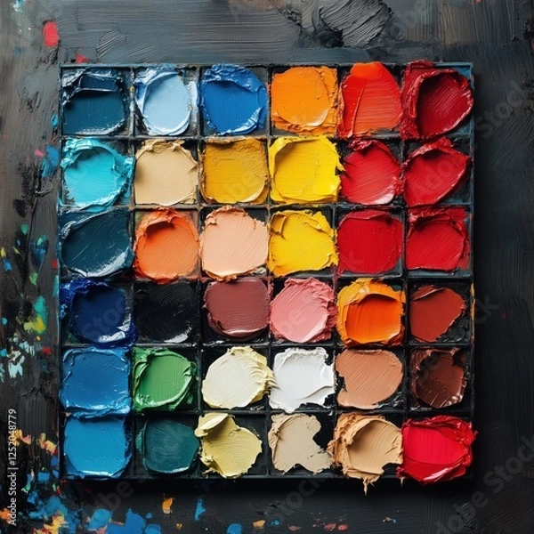 Fototapeta Brightly colored paint palette arranged in a square format for artistry and creativity