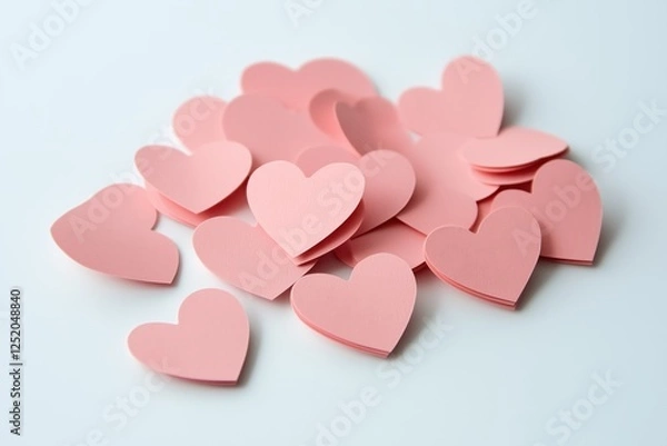 Fototapeta Pink heart-shaped notes scattered on a light background for decoration or reminders