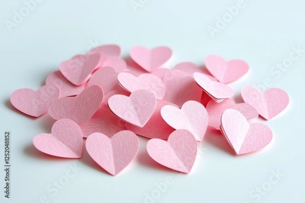 Fototapeta Pink paper hearts scattered on a light background for decorative purposes during celebrations