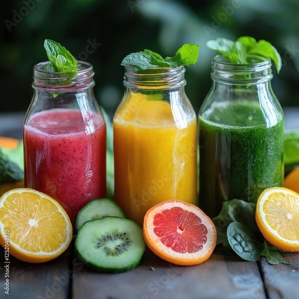 Fototapeta Refreshing fruit juices displayed in glass bottles with fresh ingredients on a wooden surface